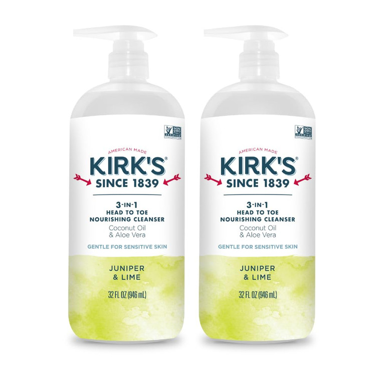 Kirk's 3-in-1 Head to Toe Nourishing Liquid Cleanser- for Men, Women & Children - Premium Coconut Oil & Aloe Vera- Non GMO & Vegan -Juniper & Lime -