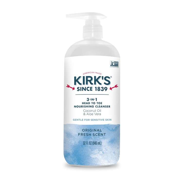 Kirk's 3-in-1 Head to Toe Nourishing Liquid Cleanser- for Men, Women & Children - Premium Coconut Oil & Aloe Vera- Non GMO & Vegan -Original Fresh Sc