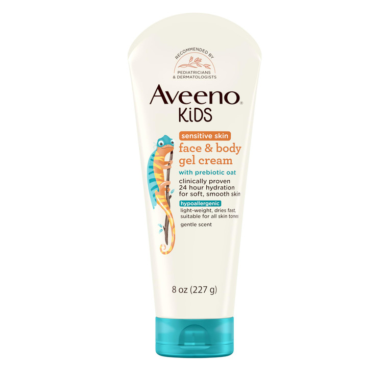 Aveeno Sensitive Skin Face & Body Gel Cream for Kids with Prebiotic Oat, Clinically Proven 24 Hour Hydration for Soft Skin, Quick Drying and Lightwei