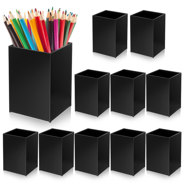 Qulkws 10 Packs Black Acrylic Pen Holder, Small Desk Organizer Cups, Acrylic Pencil Holder, Desktop Pencil Organizer, Makeup Brush Holder, Stationery