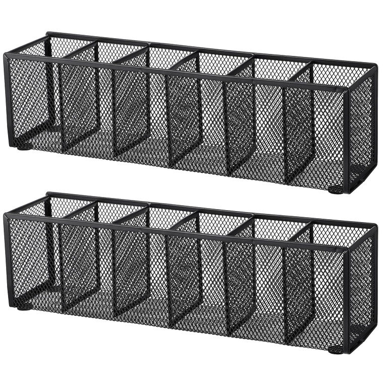 Caeuiciw 2 Pcs Mesh Desk Organizer Metal Mesh Pen Holder 6 Compartments Desktop Stationery Pencil Caddy Organizer Basket for Home School Classroom Te