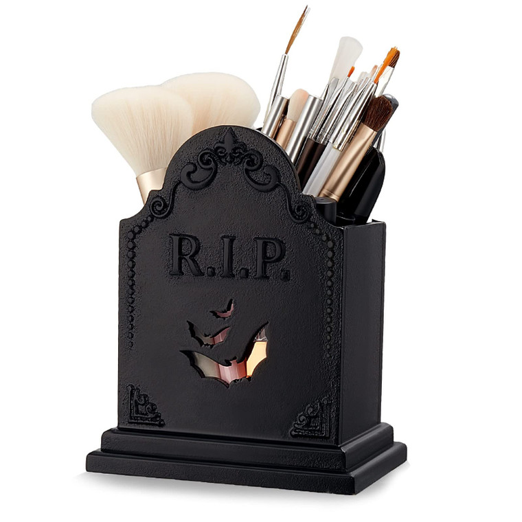 Gueevin Gothic Makeup Brush Holder Tombstone Wooden Pen Holder Spooky Christmas Decor Witchy Home Bathroom Decor Office Brushes Organizer for Desk Go
