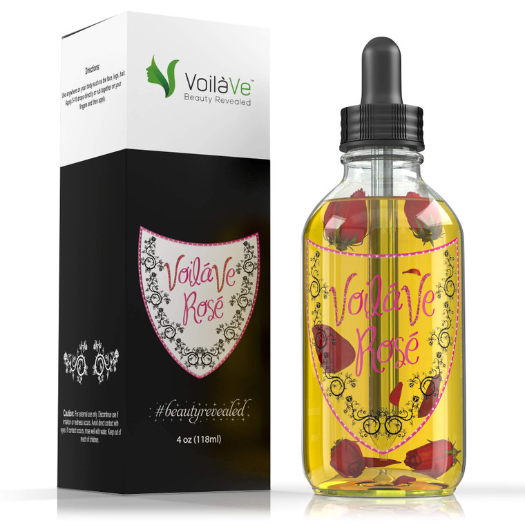 VoilaVe Organic Rose Oil for Face, Hair & Body - Hydrating Moisturizer for Dry Skin, Scalp, Nails & Cuticles - Reduces Wrinkles, Fine Lines, Scars -