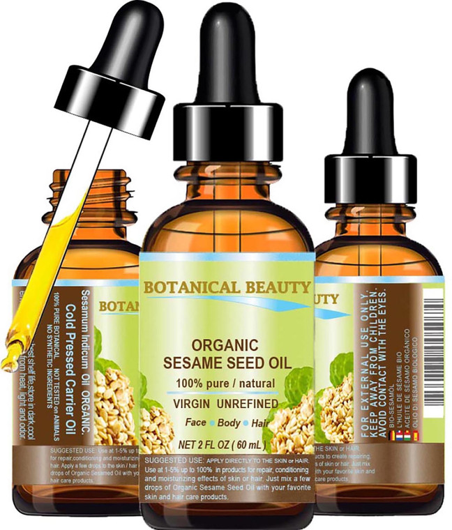 Organic SESAME SEED OIL 100% Pure Natural Virgin Unrefined Undiluted Cold Pressed Carrier Oil for Face, Skin, Body, Hair, Massage, Nails. 2 Fl. oz -