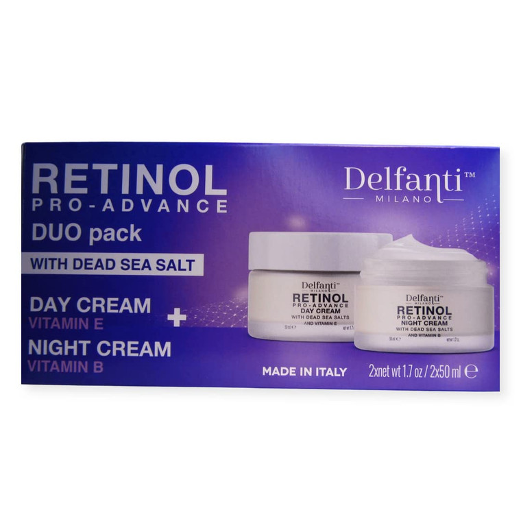 Delfanti-Milano  RETINOL PRO-ADVANCE  Anti-Aging DUO pack  Day + Night Creams  Face and Neck Moisturizers with Dead Sea Minerals and Vitamins E a