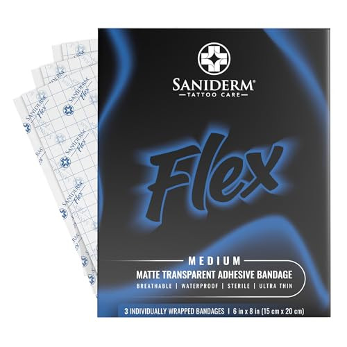 Saniderm Flex Tattoo Aftercare Bandage (New) (3 Sheets, 6 in x 8 in)  Convenient, Faster Tattoo Healing and Protection  Sterile, Waterproof, Ultra