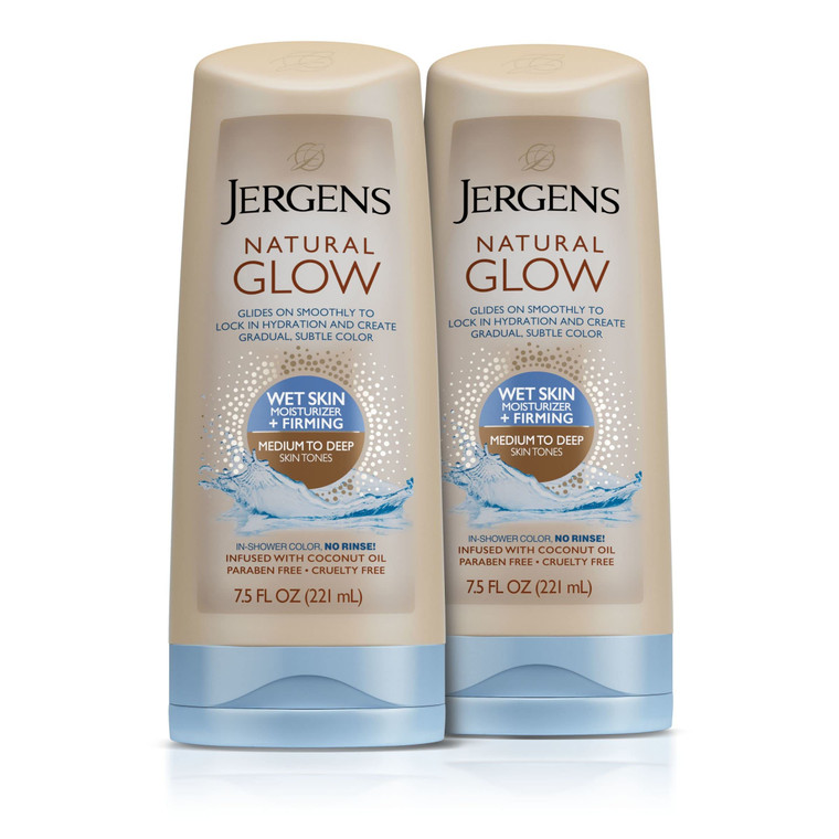 Jergens Natural Glow +FIRMING In-shower Self Tanner Body Lotion, Sunless Tanning for Medium to Tan Skin Tone, Anti Cellulite Firming Moisturizer, for