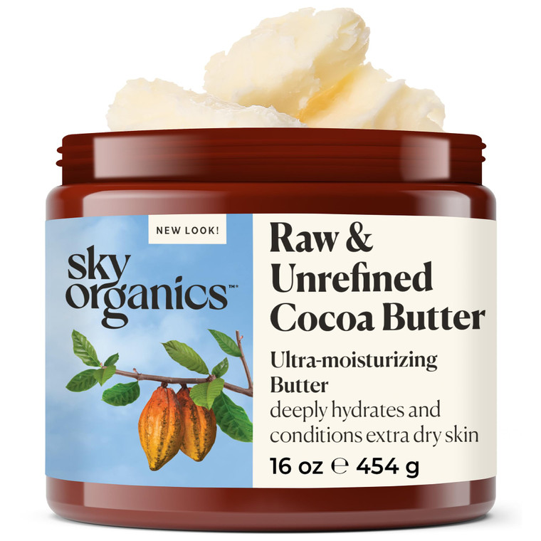 Sky Organics Cocoa Butter for Body, 100% Raw & Unrefined Ultra-Moisturizing Butter to Deeply Hydrate & Condition Skin, Promotes Smooth Skin Tone&Text