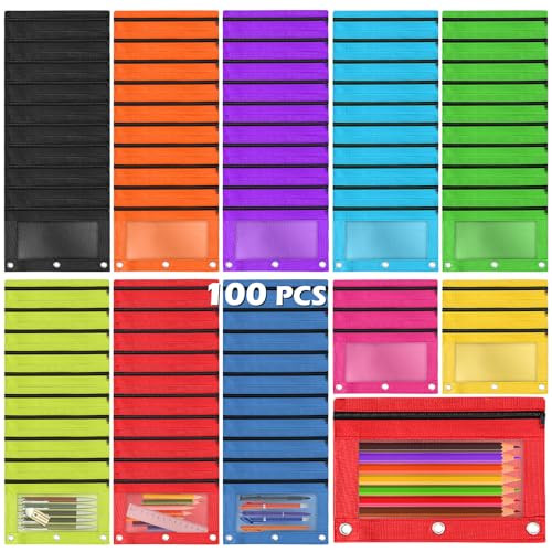 Pencil Pouch for 3 Ring Binder, 50 Piece Bulk 3 Holes Zipper Pencil Pouches in 5 Assorted Colors, Clear Durable Pencil Case for School, Classroom, Of