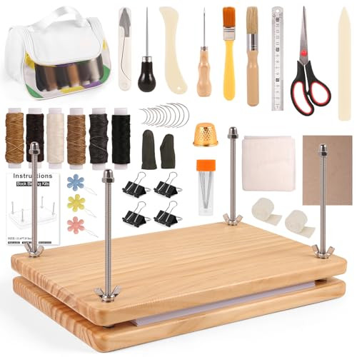 MAKEASY 50Pcs Book Binding Kits with Book Press (11.6x7.8in), DIY Bookbinding Kit with Waxed Thread, Needles, Bone Folder, Scissors & Bookbinding Sup
