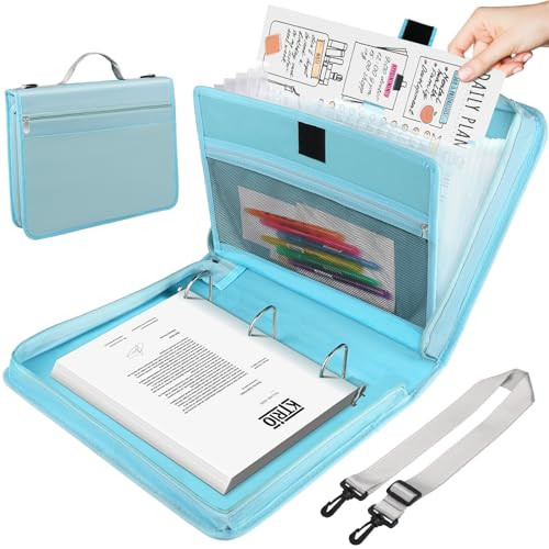 KTRIO Zipper Binder with Handle and Shoulder Strap, 300 Sheet Capacity 12 Tabs, Multi-Pocket Organizer for School Students, Blue