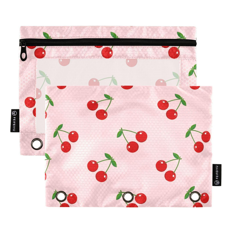 Fustylead Cherry Big Capacity Pencil Bag Fits 3 Ring Binders, Waterproof Pencil Case with Clear Window for College Office Supplies 2 Pack