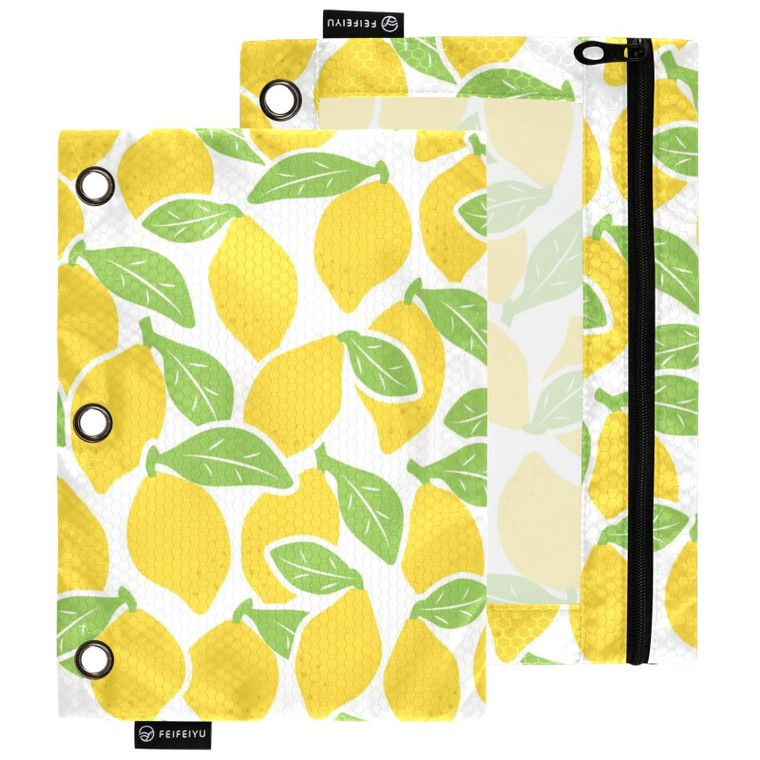 Study 2 Pack Yellow Lemons Fruit Pattern Pencil Pouches Bags for 3 Ring Binder, Clear Window Zipper Stationery Case for School Students Classroom Off