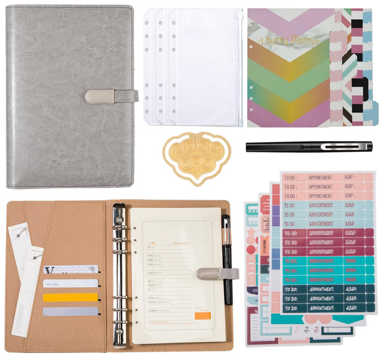 A5 Notebook Binder Set - 6 Ring PU Leather Planner,5 PCS File Divider, 100 Sheets A5 Loose Leaf Paper, Label Stickers, Cloud Bookmark and Clear Cash