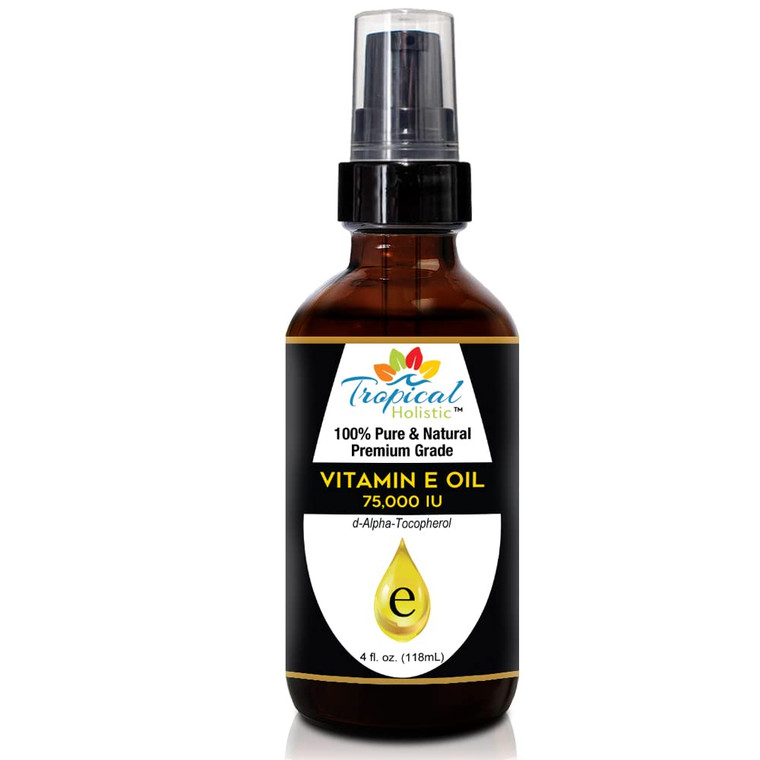 Tropical Holistic 100% Pure Vitamin E Oil (4oz / 118mL) - 75,000 IU Plant Based Natural D-Alpha Tocopherol for Hydrated Skin, Scars, Age Spot, Full B