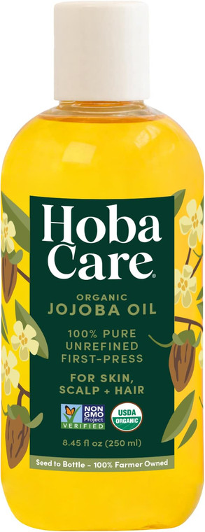 HobaCare Natural Organic Jojoba Oil for Hair, Skincare, Face, Body, Scalp, Nails, Beard Care, Skin Massage  Unrefined Carrier Oil  100% Pure, Hexan