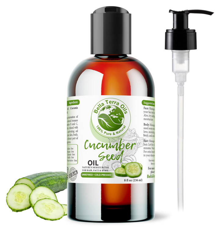 Bella Terra Oils - Cucumber Seed Oil 8 oz - Harness the Potent Nutritional Profile of Cucumber, Loaded with Vitamin K & Biotin, Luminous Skin Beckons