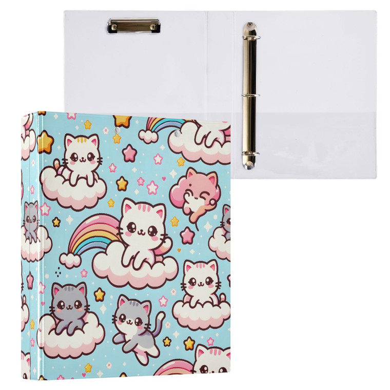 3 Ring Binder Kawaii Cute Cats in The Sky, 1.5 Inch Round Ring Binder 200 Sheets View-Binders A4 Paper Binder Organizer for Home School Office, 1 Pac