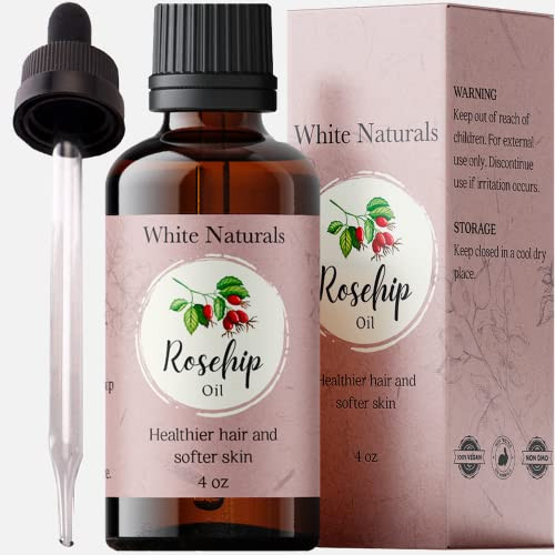 White Naturals Organic Rosehip Seed Oil Cold Pressed, Unrefined 100% Pure Rose Hip Carrier Oil, Natural Moisturizer For Body Face Hair Skin Massage &