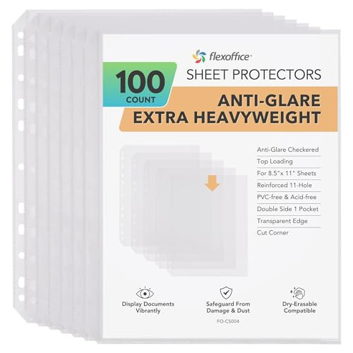 FLEXOFFICE 100 Pack, Extra Heavy Duty Sheet Protectors 8.5 x 11, Non-Glare, Top Loading 9.25 x 11.25 inch, Clear Page Protectors, Plastic Sleeves Rei