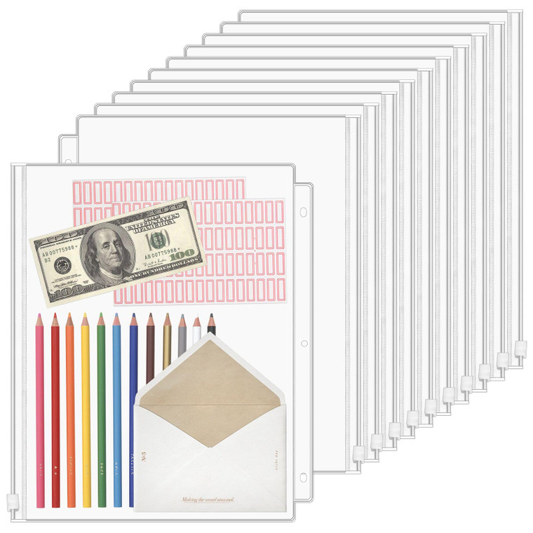 VOKOY 24 Pack Clear Letter Size Binder Pockets 3 Holes, Thickened Zipper Binder Pouch 3-Hole Punched Document Folders Loose Leaf Filling Bags Sheet P