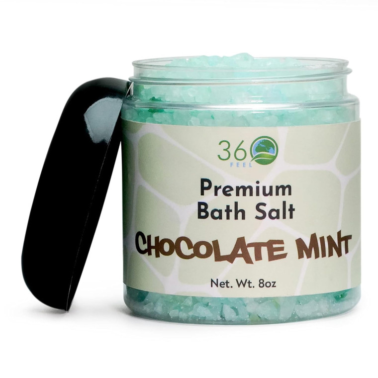 360Feel Chocolate Mint Bath Salt & Body Scrub - Nourishing Bath Soak for Sensitive Skin - Face, Body & Foot Salt Scrub - 8 Ounce Jar