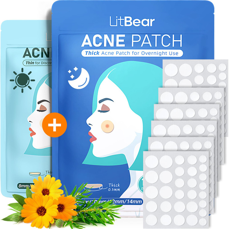 LitBear Acne Pimple Patches- Day and Night 4 Sizes 180 Dots Thin & Thick Hydrocolloid Patches with Witch Hazel, Tea Tree & Calendula Oil, Pimple Stic