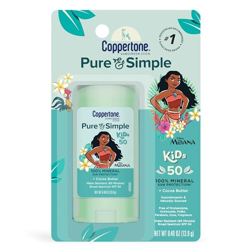 Coppertone Pure and Simple Kids Exclusive Disney Moana Sunscreen Stick SPF 50, Hypoallergenic, Mineral Sunscreen for Kids, Water Resistant, Oxybenzon