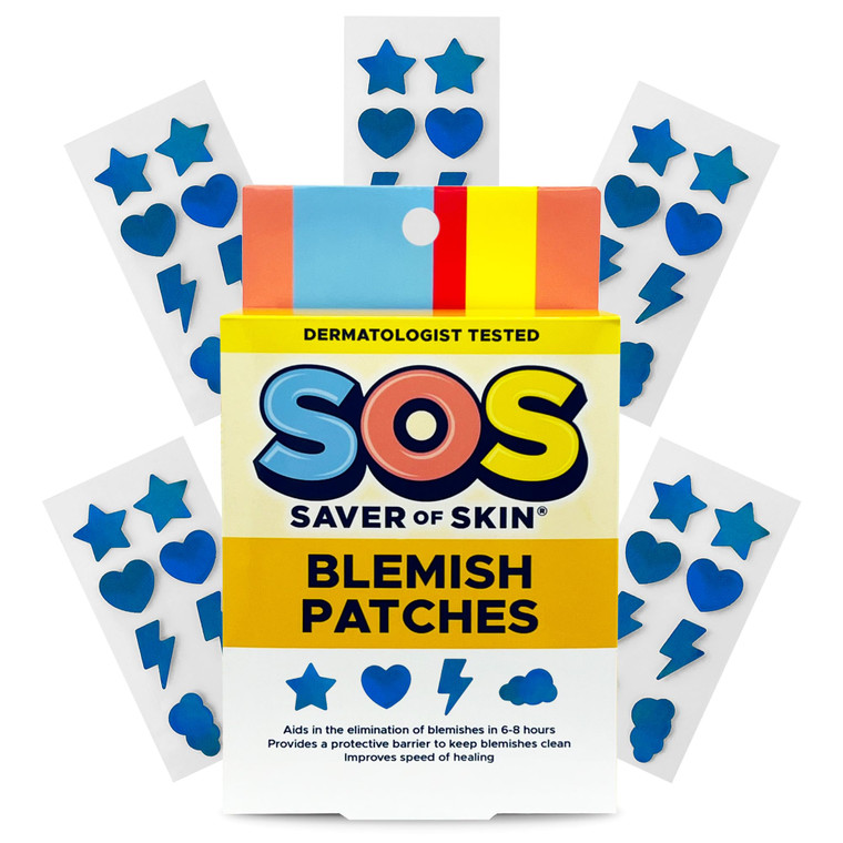 SOS SAVER OF SKIN Fun Shape Blemish Patches - Fast Acting Hydrocolloid for Pimples, Zits, Acne, and Face Blemishes - Latex-Free & Vegan with a Splash