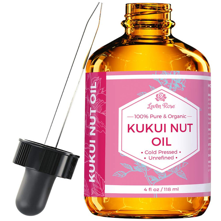 Leven Rose Kukui Nut Oil 4 oz  Cold-Pressed and Unrefined Hair & Face Moisturizer with Dropper  Unscented Pure Face Oil for Women and Men  Nourish