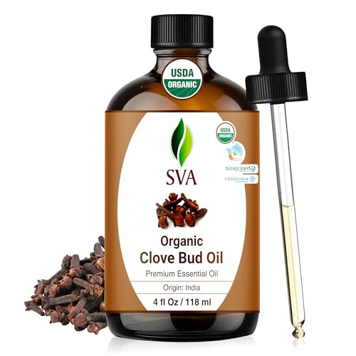 SVA Clove Essential Oil Organic  4 Fl Oz  100% Natural Organic Clove Oil - for Diffuser, Hair Care, Face, Skin Care, Aromatherapy, Scalp and Body M