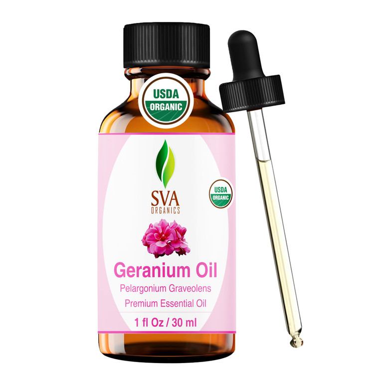 SVA Geranium Essential Oil Organic  1 Fl Oz  100% Natural Organic Geranium Oil - for Diffuser, Hair Care, Face, Skin Care, Aromatherapy, Scalp and