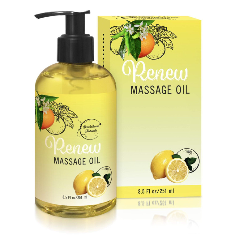 Renew Massage Oil with Orange, Lemon & Peppermint Essential Oils - Great for Massage Therapy or Home use. Ideal for Full Body  with Almond, Grapesee