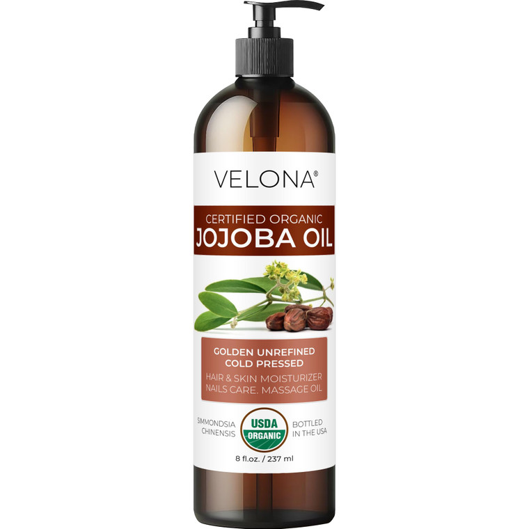 velona Jojoba Oil USDA Certified Organic - 8 fl oz (With Pump) | 100% Pure and Natural | Golden, Unrefined, Cold Pressed, Hexane Free | Moisturizing