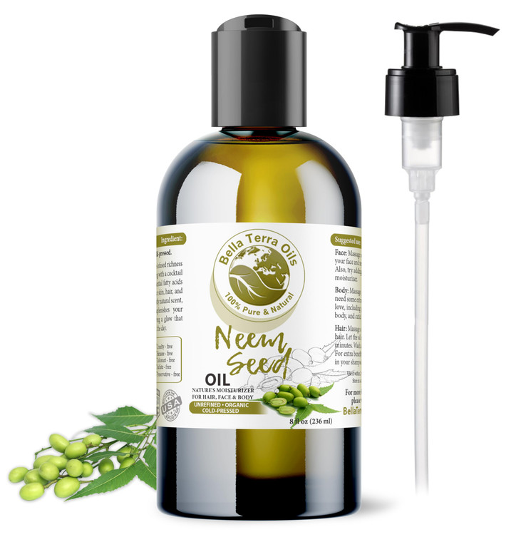 Bella Terra Oils - Organic Neem Seed Oil 8oz - Embrace Organic Neem's Richness, Packed with Azadirachtin & Nimbolide, Elevate Your Skin's Natural Glo