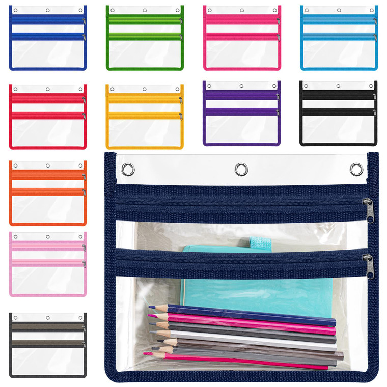 Janlaugh 12 Pcs Clear Pencil Pouch for 3 Ring 8 x 10 Inch Binder Pencil Cases Bags with Zipper Large Capacity Inserts Bags with 3 Re-enforced Grommet