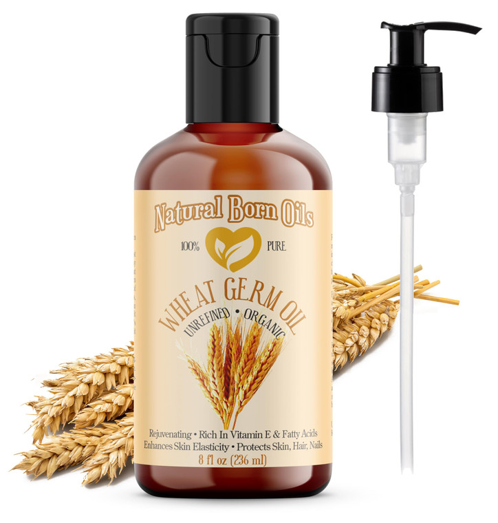 Natural Born Oils Wheat Germ Oil, 8oz, Organic, Cold-Pressed, Unrefined, Vitamin E Powerhouse, Ideal for Moisturizing Skin, Strengthening Hair