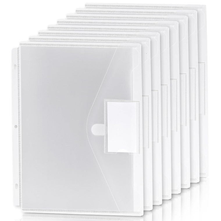 KTRIO Binder Pockets 8 Pack Clear, Super Heavyweight Plastic Folders with Hook and Loop Closure, 3 Holes Binder Organizer Side Loading, Extended Lett