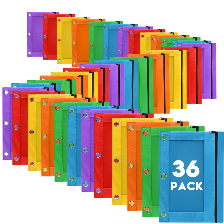 Pencil Pouch for 3 Ring Binder, 36 Pack Bulk Pencil Bags with Zipper, 6 Colored Pencil Case for Classroom School Office supplies , Large Sturdy and D