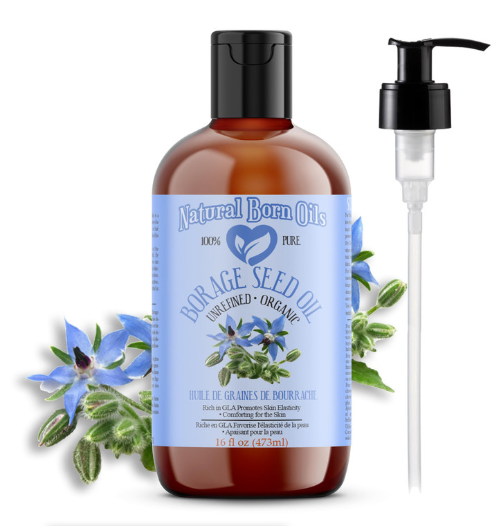 Natural Born Oils Borage Seed Oil, 16oz, Organic, Cold-Pressed, Carrier Oil, High GLA, Vitamins & Minerals, Deep Skin Nourishment, Hair Vitality