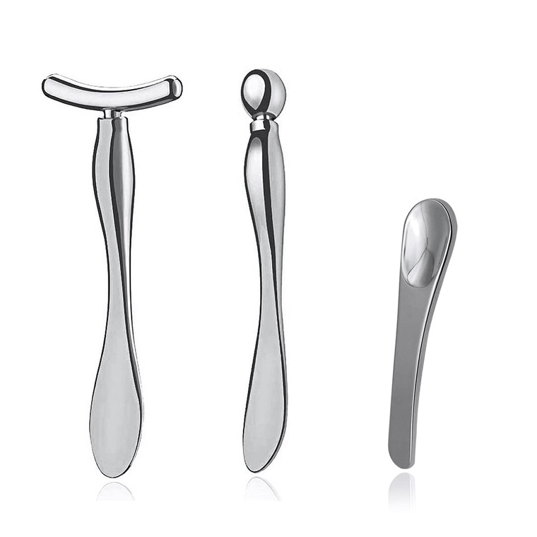 3 Pcs Metal Eye Cream Applicator Tool, Eye Roller Massage Sticks and Makeup Cream Spoon, Facial Massager for Reducing Puffiness Wrinkle Dark Circles