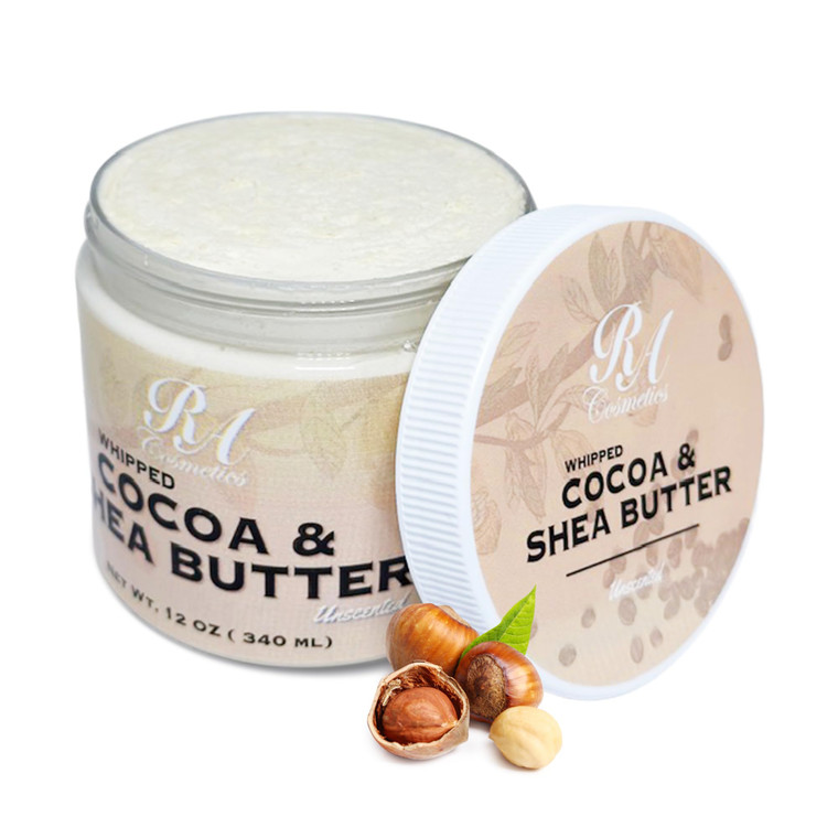 RA COSMETICS Whipped Cocoa & Shea Butter, Unscented - 12oz | 100% Pure & Natural Skin Moisturizer with Coconut Oil | Vitamin-Rich Body Butter for Sof