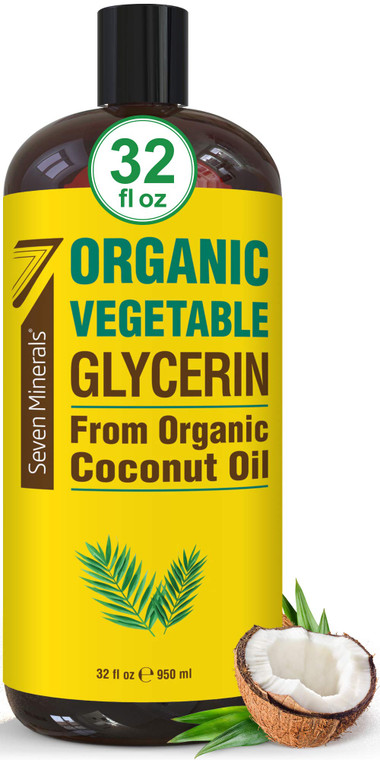 Seven Minerals, Organic Vegetable Glycerin - Big 32 fl oz Bottle - No Palm Oil, Made with Organic Coconut Oil - Therapeutical Grade Glycerine for DIY