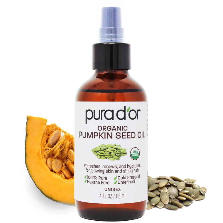 PURA D'OR 4 Oz Organic Pumpkin Seed Oil - 100% Pure USDA Certified Premium Grade Body Oil & Hair Growth Serum - After Shower Body Oil For Women & Men