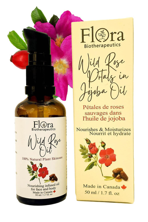 FLORA Organic Wild Rose Petals infused in JOJOBA Oil. Rejuvenate. Replenish. 1.7fl oz