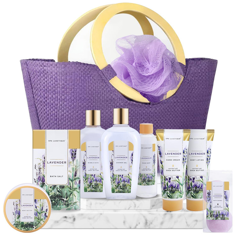spa luxetique Gift Baskets for Women, Spa Gifts for Women - 10pcs Lavender Bath and Body Sets with Body Lotion, Bubble Bath, Relaxing Spa Sets, Birth