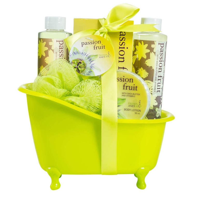Home Spa Bath Basket Passion Fruit Fragrance Bath & Body Set For Women Contains Shower Gel, Bubble Bath, Body Lotion, Bath Salt in Green Tub Gift  M