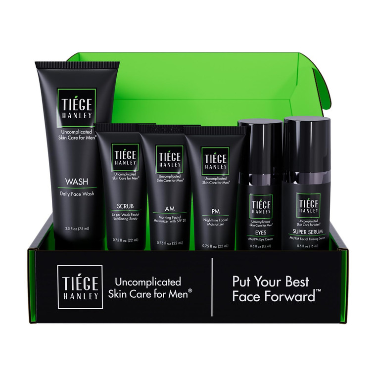 Tiege Hanley Skin Care Set for Men, Anti Aging Routine, System Level 3, Daily Face Wash, Facial Scrub, Two Moisturizers, Eye Cream, and Serum for Hea