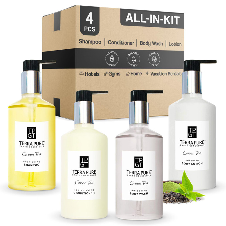 1-Shoppe Terra Pure Ecobox Amenities Kit | Green Tea Soap | Shampoo, Conditioner, Body Lotion, Body Wash | 10.14 oz | Hotel Toiletries Bulk