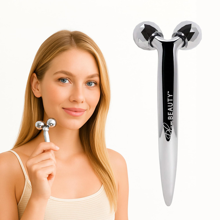 Contouring Dual Ended Silver Face Roller for Wrinkles and Lifting, - Face Rollers for Women, Men - Facial Roller supports lymphatic drainage, Skin Ca